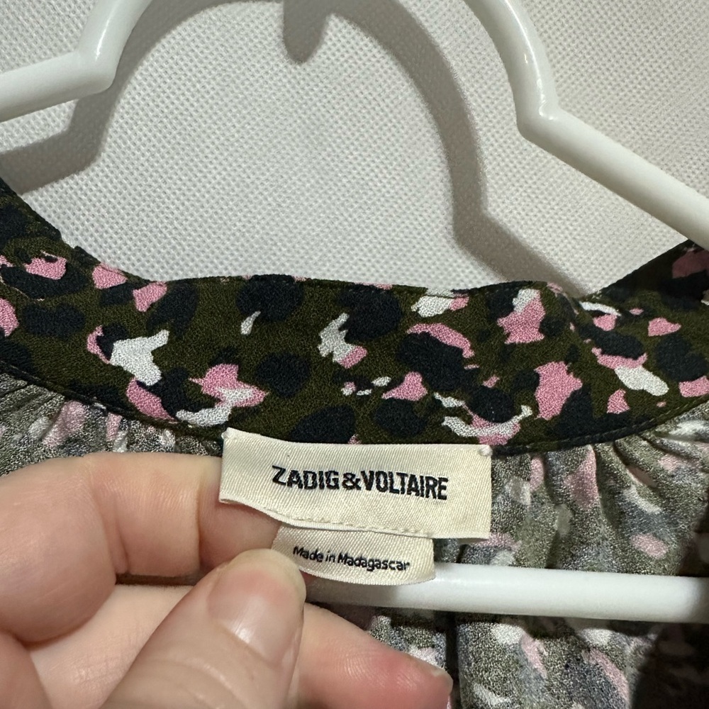 Zadig & Voltaire Tink Leo V Neck Blouse Top Green Black Pink Size Medium EUC! - Picture 3 of 4